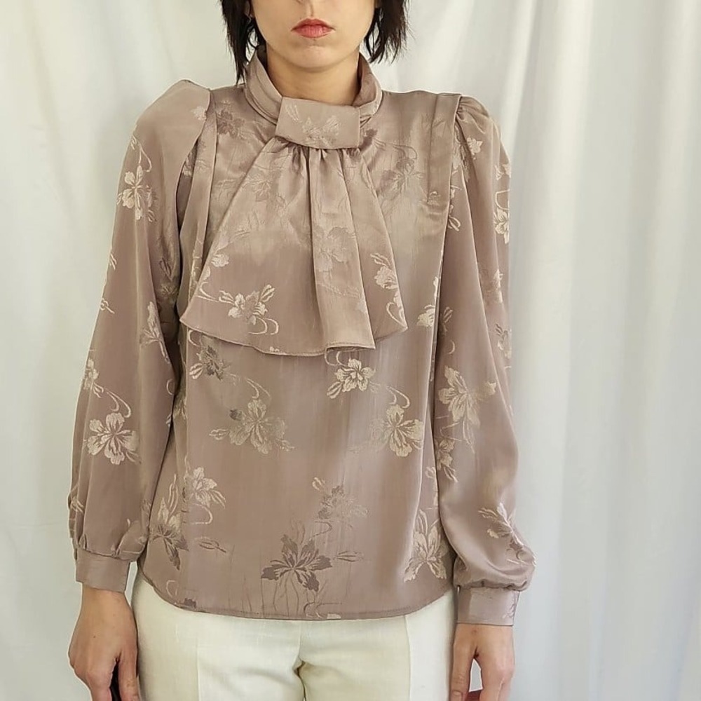 80s Taupe Floral High Neck Blouse‎ - Picture 4 of 5